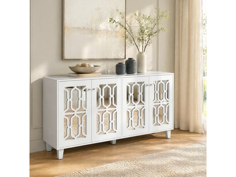  Buffet 4 portes avec étagère réglable pour salon en mdf 160×40×84 cm blanc fini miroir  - Conforama B