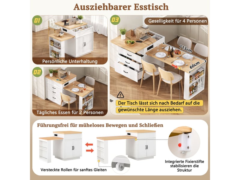  Table de cuisine éclairage led îlot de sur roulettes prises électriques intégrées usage buffet usage meuble d'appoint table de bar finition blanche  - Conforama C