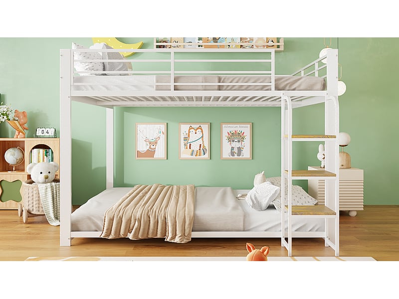  Lit superposé enfant 140×200 cm, escalier en bois, structure silencieuse, sans matelas - okmyhome- métal et mdf blanc  - Conforama E