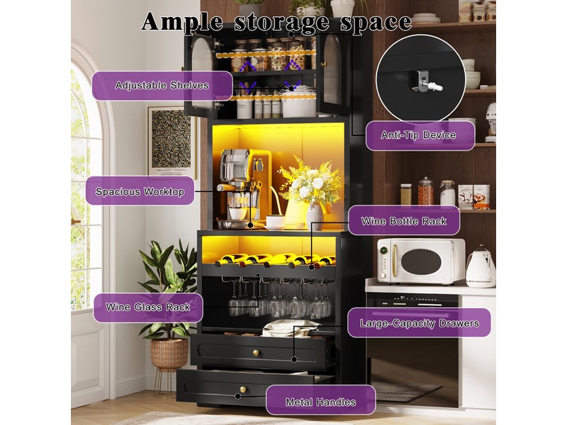  Buffet haut noir, portes en verre incurvées, led app, casier à vin, 140x180cm (sans matelas)  - Conforama C