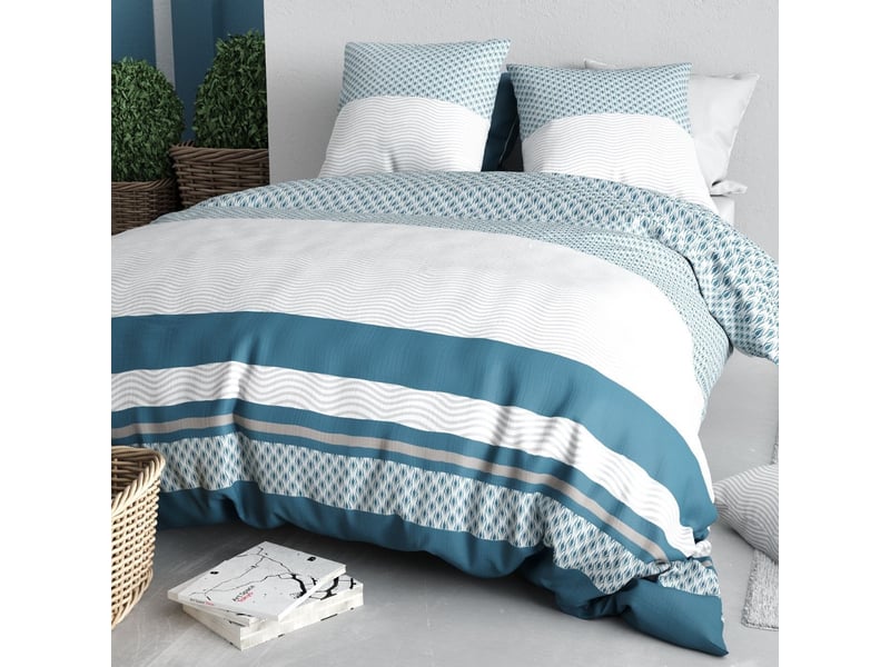  Parure housse de couette 260x240cm + 2 taies motif géométrique bleu et gris 100% coton - cherine CHERINE - Conforama B
