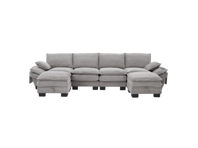 Canapé modulable 4 places en velours côtelé gris clair avec 2 poufs, usb-c et rangement intégré pratique - Conforama A