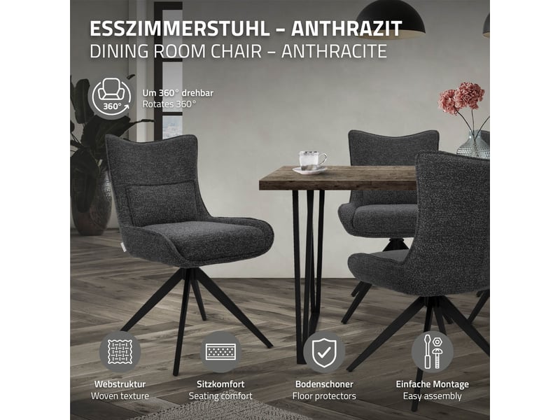  Ml-design chaise salle à manger pivotante 360° en tissu bouclette anthracite, piètement étoile en acier robuste, coussin lombaire intégré, siège rembourré confortable pour salon et cuisine, max 120 kg  - Conforama B