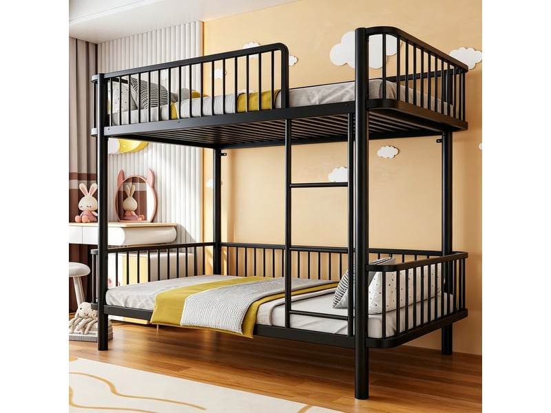  Lit superposé 2 places 90×200 cm, barrières et angles arrondis - modenvie - pieds surélevés, sans matelas, métal noir  - Conforama C