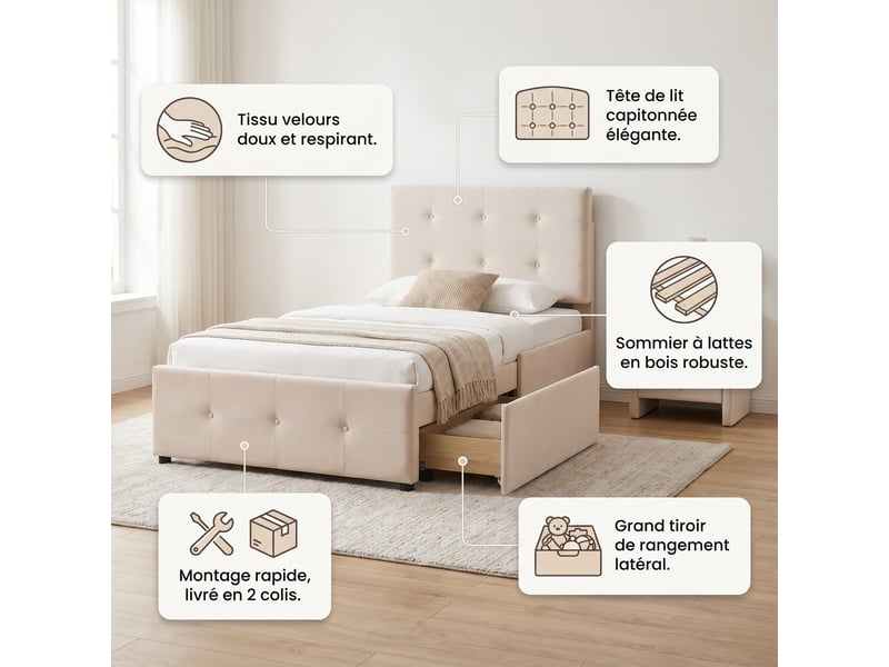  Lit avec 2 tiroirs 90x200 cm, lit simple enfant, lit capitonné en velours avec sommier, bois, blanc  - Conforama C