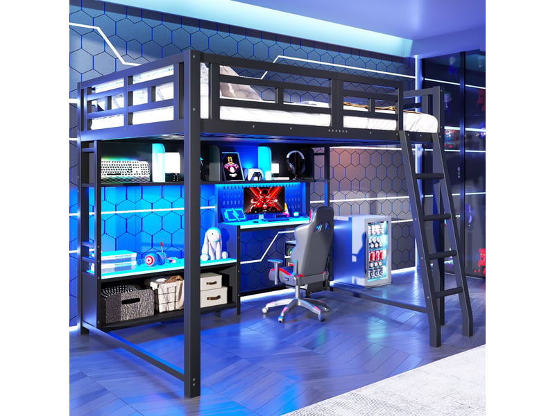  Lit mezzanine ado 140x200 cm en métal avec bureau-led rgb et étagères de rangement-barrières de sécurité-noir  - Conforama E