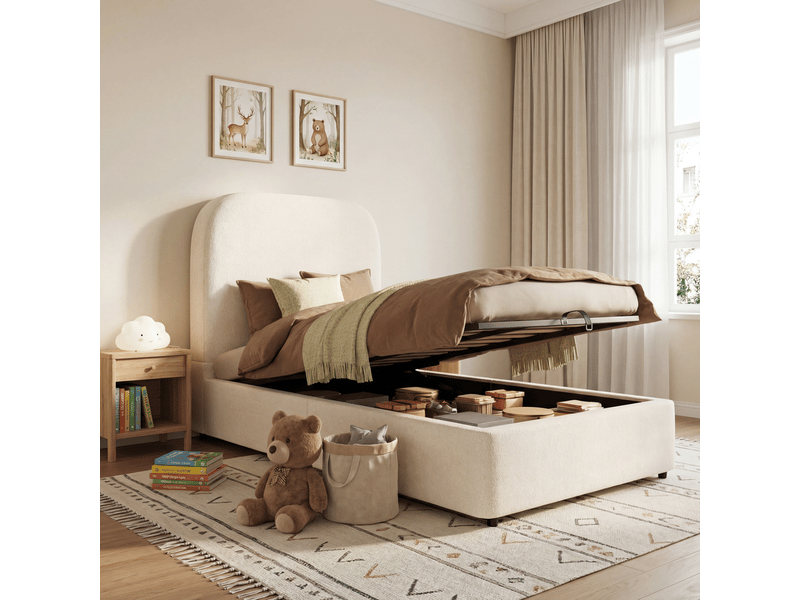 Lit coffre rembourré simple pour enfant, 90x200 cm, avec mécanisme hydraulique fonctionnel, sommier à lattes, tête de lit avec grand espace de rangement, tête rembourrée bouclée, beige - Conforama D