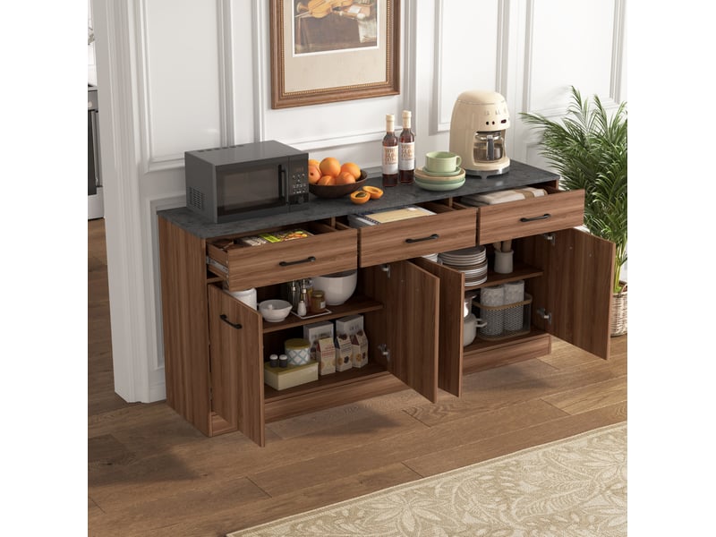  Buffet de cuisine 160 x 37 x 76,5 cm – aspect noyer – 3 tiroirs et étagères réglables  - Conforama B