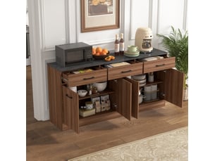 Buffet de cuisine 160 x 37 x 76,5 cm – aspect noyer – 3 tiroirs et étagères réglables