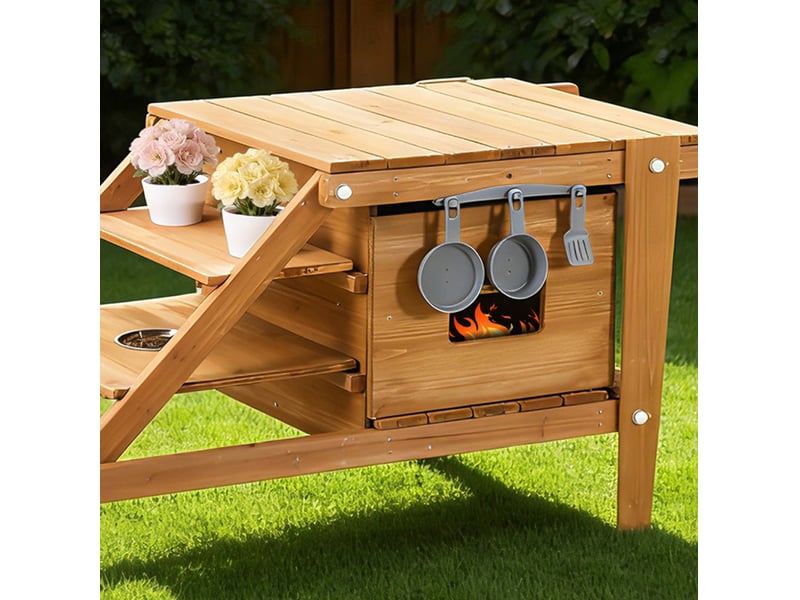 Cuisine d'extérieur enfant en bois avec roulettes et accessoires, dès 3 ans, pour jeux créatifs au jardin - Conforama E
