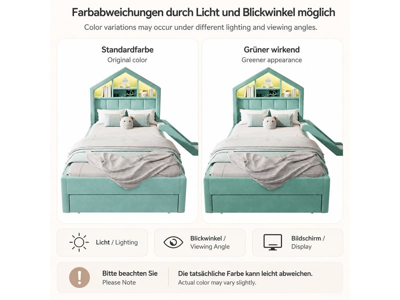  Lit simple 90 x 200 cm lit cabane rembourré coloris bleu-vert éclairage led toboggan montable à gauche ou à droite port de recharge étagère en tête de lit et grand coffre de lit  - Conforama D