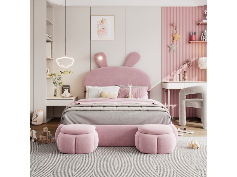 Lit double 140x200 cm en velours rose avec rangement hydraulique et led réglable - Conforama E