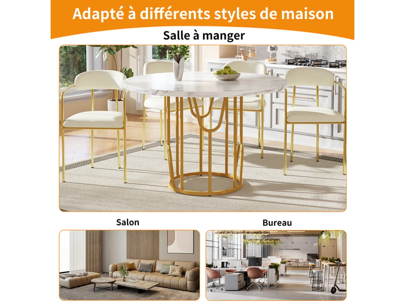  Table à manger d80xh76cm, table ronde, plateau en mdf avec motif de marbre, pied en métal, style design, blanc+doré  - Conforama W