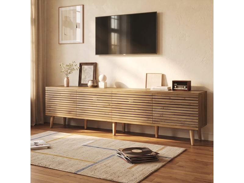  Meuble tv effet bois design à latte 4 portes rangement 180×40×46cm  - Conforama B