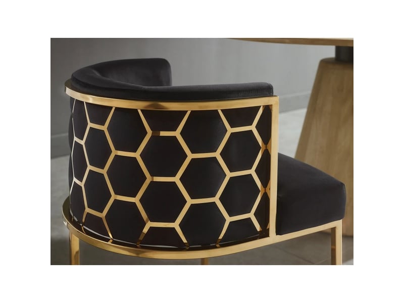  Chaise velto noire en velours – structure dorée brillante, accoudoirs et dossier graphique nid d'abeilles  - Conforama D