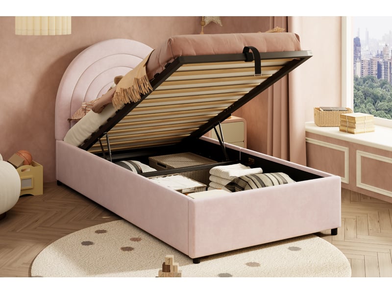 Lit enfant rembourré 90x200 cm en velours rose avec sommier, tête de lit, lattes en bois et montage facile, pour ados et adultes - Conforama B