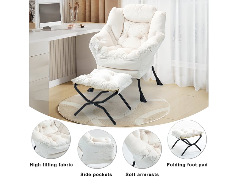  Fauteuil relax modenvie avec repose-pieds pliant et poche latérale 75 x 80 x 85 cm blanc cassé métal  - Conforama D