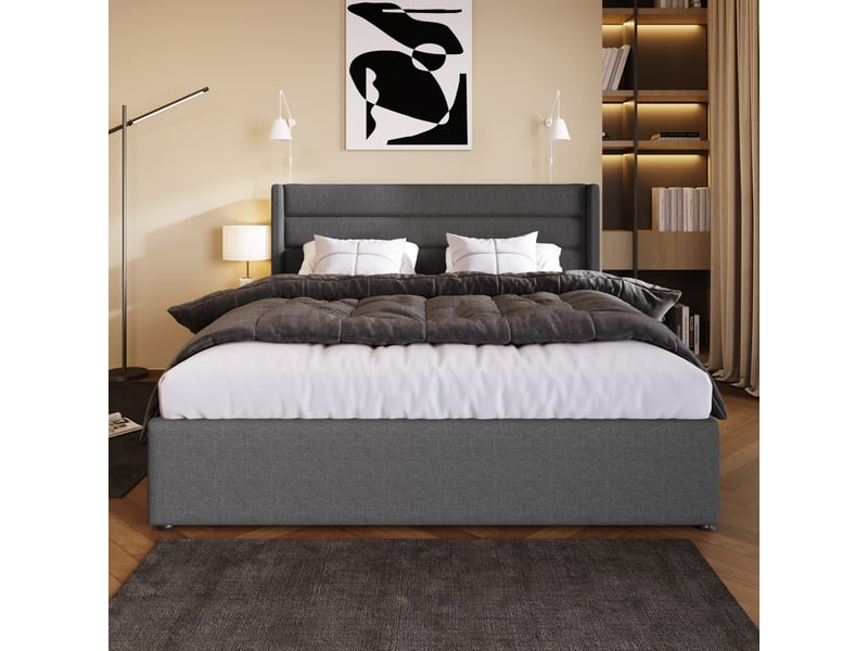  Lit coffre hydraulique 140x200 cm avec matelas, sommier à lattes en bois, lin gris  - Conforama D