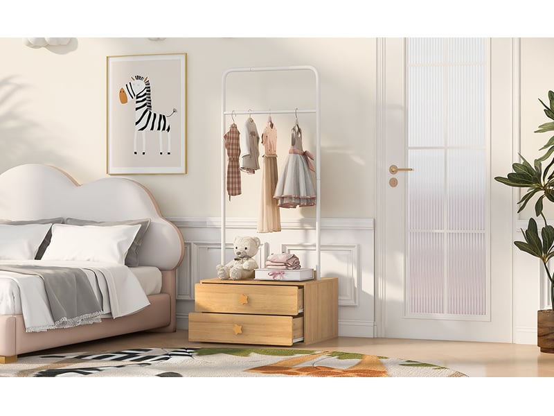 Portant à vêtements enfant avec 2 tiroirs, 70x55x168 cm, blanc et coloris bois naturel  - Conforama B
