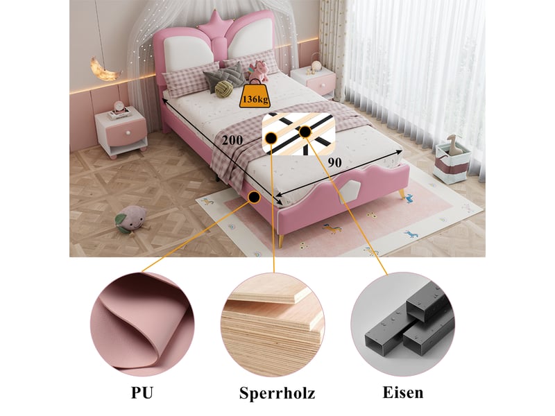  Lit enfant simple 90×200 cm tête de lit couronne et bords antichoc  - sans matelas, pu rose et blanc  - Conforama E