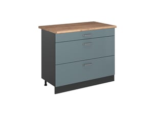 Vicco meuble cuisine, bleu-grisanthracite, 100cm plan de travail chêne doré