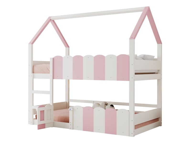  Lit superposé enfant 90x200 cm, forme de maison, barrières surélevées, un seul sommier, bois, blanc rose, sans matelas  - Conforama A