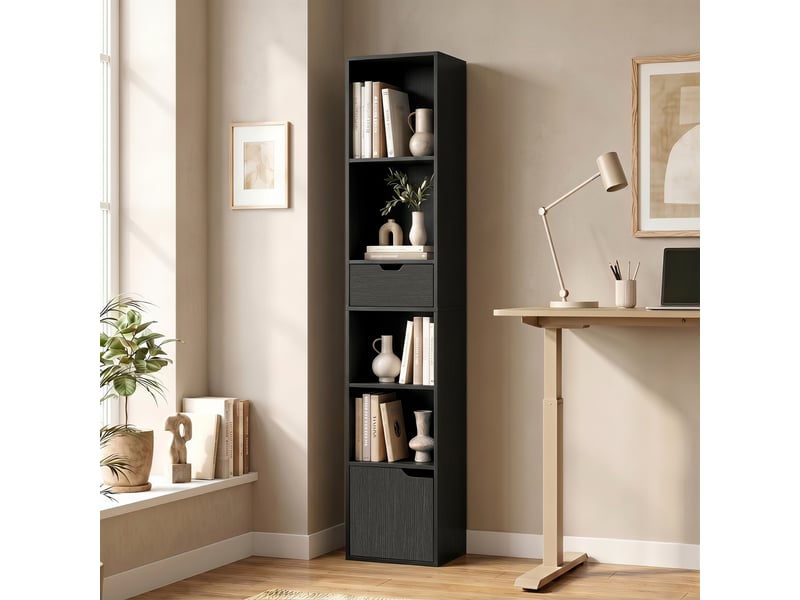  Bibliothèque à 6 étagères avec tiroir et étagère réglable, meuble de rangement autoportant, 30 x 24 x 158 cm, noir  - Conforama C