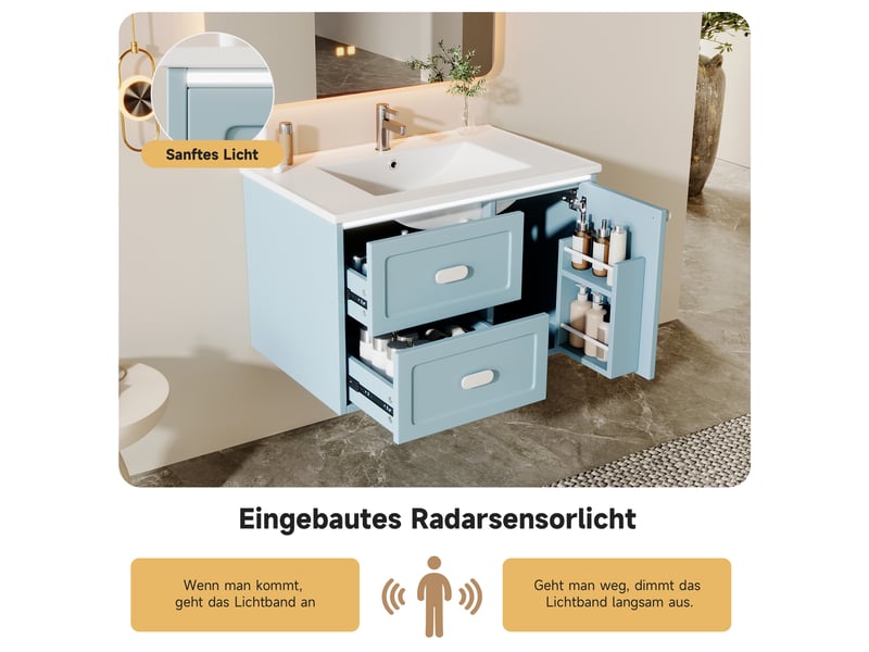 Meuble vasque suspendu bleu, 76 x 46 x 51 cm, en mdf et céramique, avec led à capteur radar et vasque intégrée - Conforama D