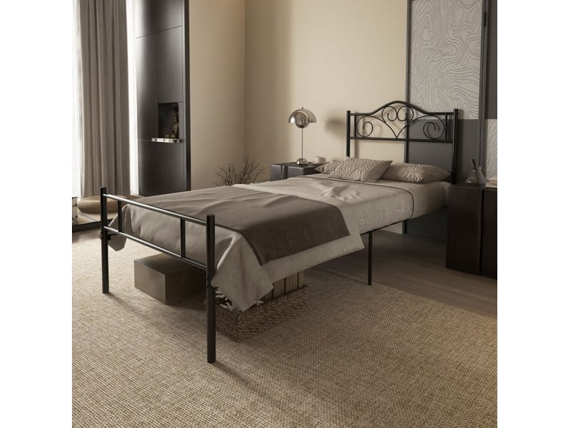  Lit simple 90x200 cm, en acier, avec sommier à lattes, tête et pied de lit, noir  - Conforama D