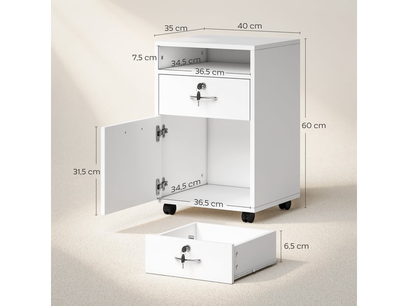  Meuble de bureau avec tiroir verrouillable et armoire à roulettes, support pour imprimante de studio, 40 x 35 x 60 cm, blanc  - Conforama E