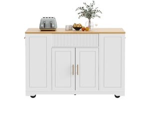 Îlot central cuisine sur roulettes 120x50 cm desserte blanche avec rangement poubelle 3 tiroirs 2 portes
