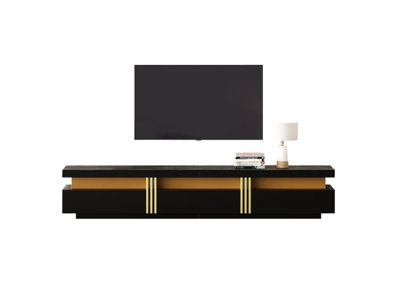  Meuble tv - bas noir aspect marbre - 200 x 40 x 42 cm - pour tv jusqu'à 90 pouces - 3 tiroirs  - Conforama A
