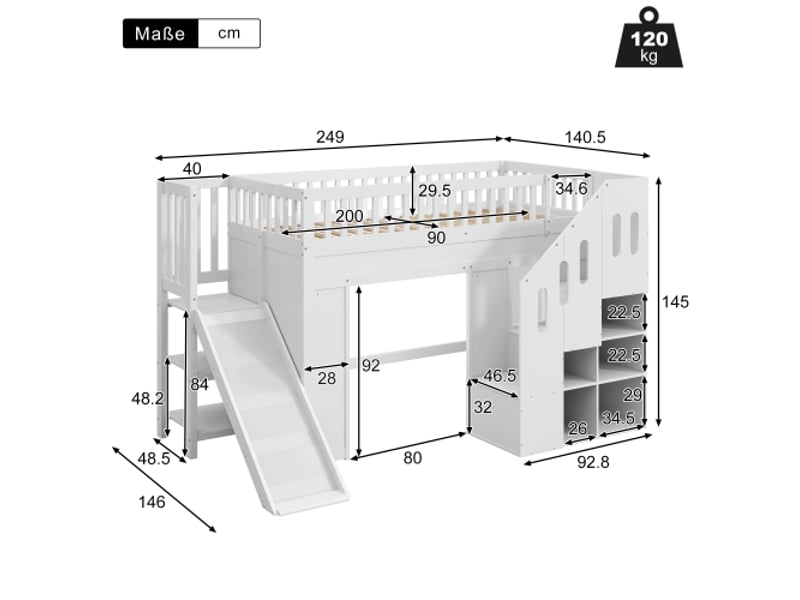  Lit superposé enfant 90×200cm, toboggan + anti-chute + escalier, led, bois massif, blanc  - Conforama C