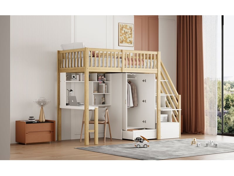  Lit mezzanine avec bureau 90 x 200 cm bureau meuble de rangement escalier de rangement étagère structure en bois  - Conforama B
