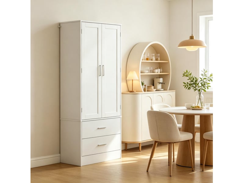  Buffet de cuisine blanc 2 portes, 2 tiroirs et 8 rangements à épices, 60 x 40 x 159 cm, idéal pour petits espaces  - Conforama E