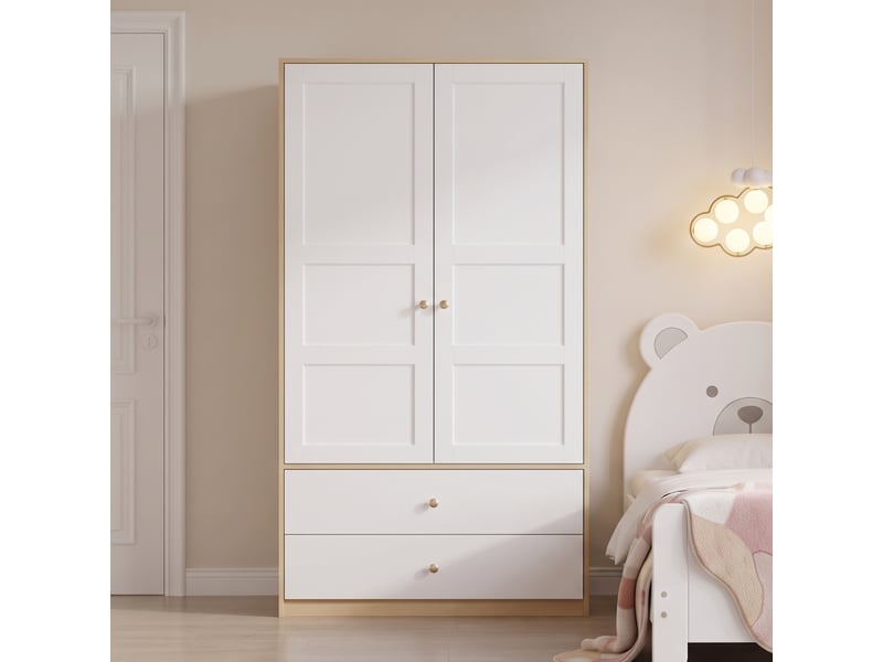  Armoire de chambre - armoire à deux portes avec deux tiroirs et une penderie, meuble de chambre, 100 x 48 x 180 cm, naturel + blanc  - Conforama C