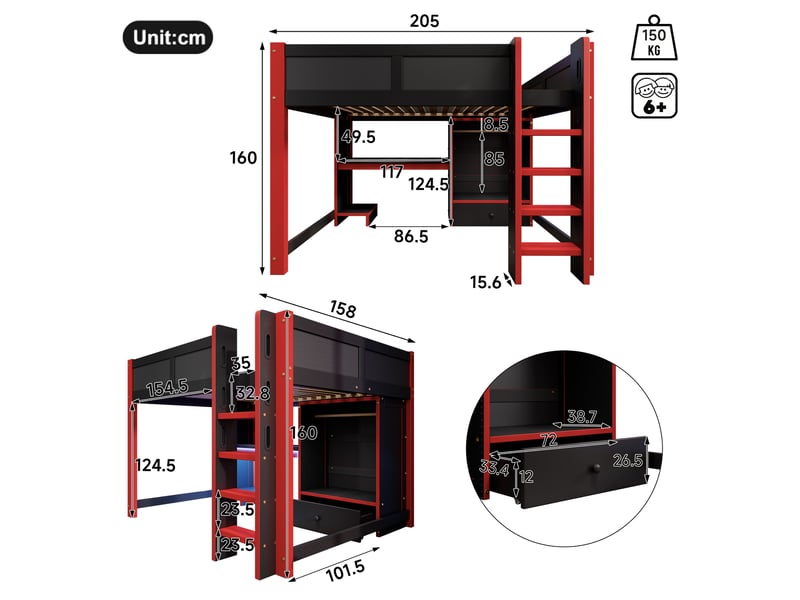  Lit mezzanine 2 places 140×200 cm avec bureau, armoire et led - okmyhome- noir et rouge, sans matelas  - Conforama D
