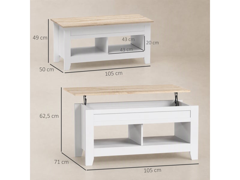  Table basse plateau relevable, table de salon avec étagères et compartiment caché,blanc 105 x 50 x 49-62,5 cm  - Conforama C