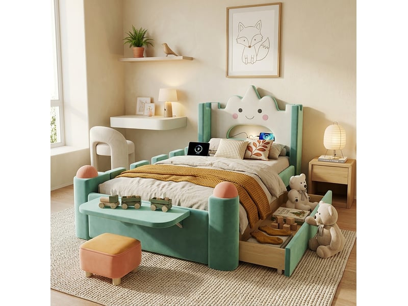  Lit enfant rembourré modenvie 90 x 200 cm avec lampe de lecture led, port usb, tiroir de rangement, plateau rabattable, velours bleu-vert  - Conforama E