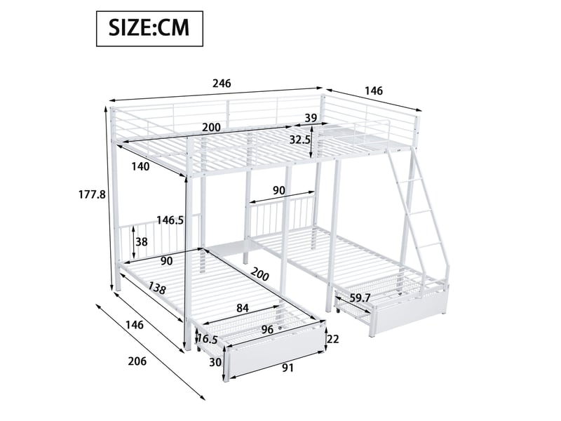 Lit superposé triple convertible 140x200 et 2x90x200 cm, métal blanc avec tiroirs - Conforama C