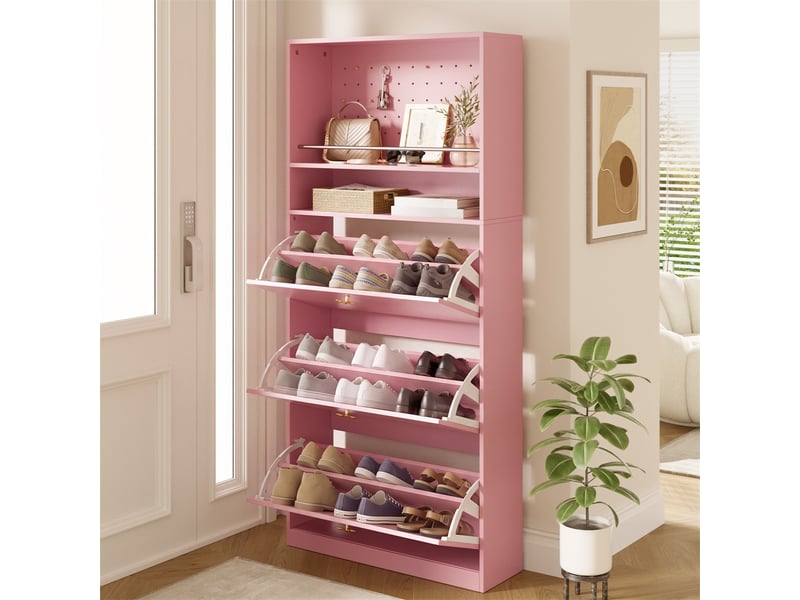  Meuble à chaussures 80 x 24 x 178,5 cm – 3 abattants modulables et panneau perforé – mdf - rose  - Conforama B