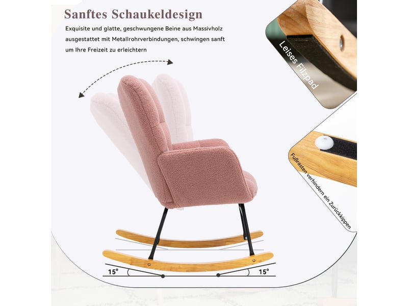  Fauteuil à bascule rose au design moderne et capitonné, tissu teddy doux  - Conforama D