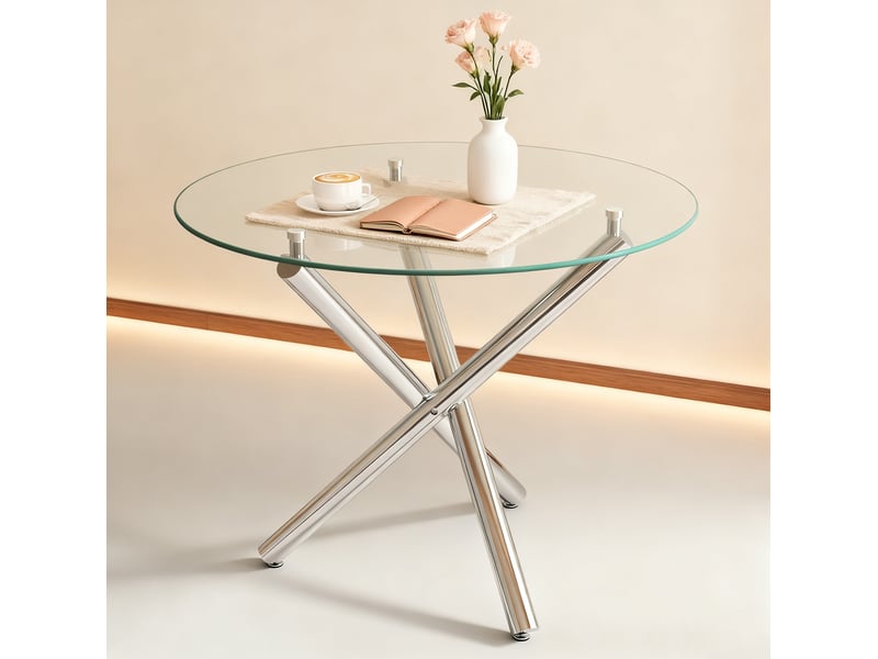 Table à manger ronde moderne – plateau en verre trempé et pieds en métal argenté – ø 80 x h 76 cm - Conforama C