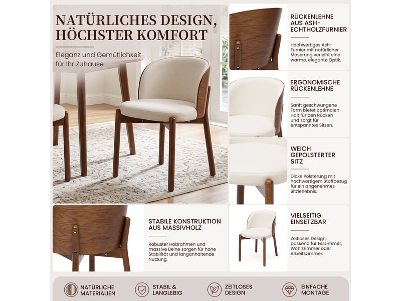 Lot de 6 chaises de salle à manger en bois massif effet noyer, assise en lin, dossier enveloppant plaqué frêne, rembourrées, charge 150 kg - Conforama D
