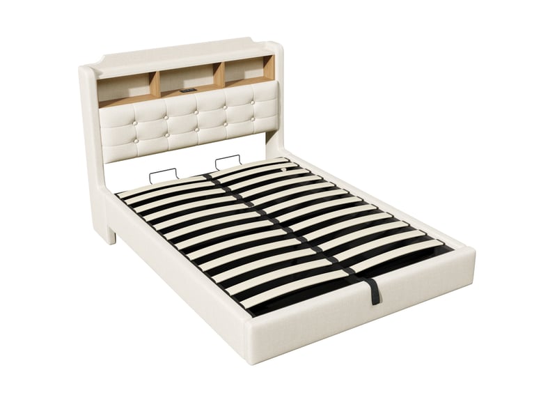  Lit capitonné, 140 × 200 cm, avec bande lumineuse led, rangement hydraulique, compartiments de rangement, design suspendu, matelas non inclus, ports usb et type-c, revêtement en lin, beige  - Conforama D