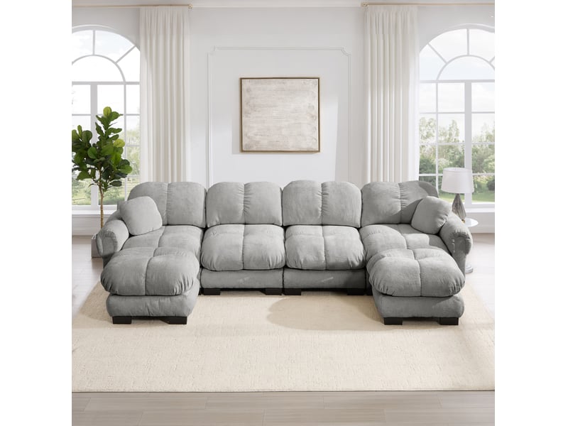  Canapé d'angle u à 4 places modulable, tissu chenille, gris clair, avec 2 ottomanes mobiles, design matelassé fin, confortable, ergonomique, facile à monter  - Conforama E