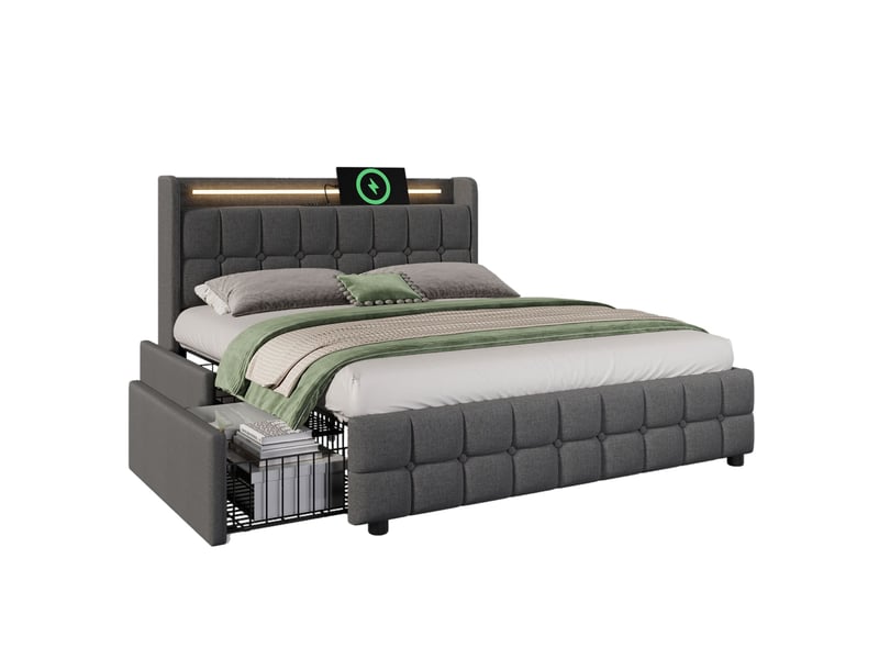  Lit coffre 180x200 cm rembourré avec 4 tiroirs-led et usb intégrés-tête de lit avec rangement-sommier à lattes-gris  - Conforama A