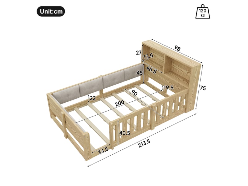  Lit simple enfant 90x200 cm avec rangement led coloris naturel  - Conforama C