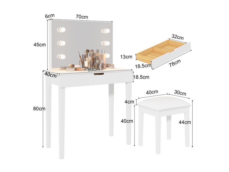  Coiffeuse avec miroir et 6 lampes à del réglables - lpospi - 2 tiroirs, prises usb et type c, mdf blanc  - Conforama D