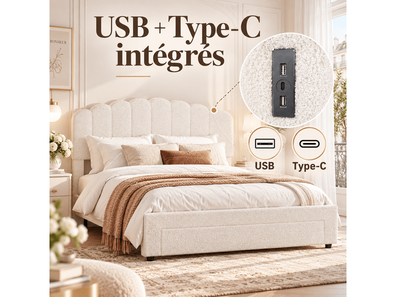 Lit 160x200cm avec grand tiroirs tête de lit rembourré double lit 2 personnes lit adulte lit capitonné lit coffre lit fonctionnel cadre de lit avec chargement usb type-c - tissu sherpa - beige - velours teddy - chambre ado- somm… - Conforama W